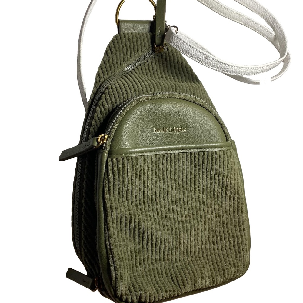 HAUTE HIPPIE Corduroy Faux Leather Olive Green Sling Bag Boho Bohemian EUC